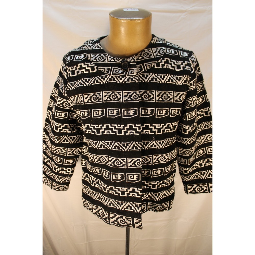 Chico's Jacket Button Cotton Shell South American Print Black White Size‎ 1